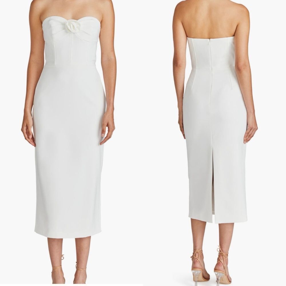 Monique Lhuillier Leonor‎ Strapless Crepe Midi Dress, Size 12, White, NWT